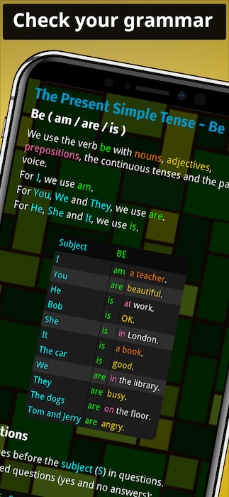 A screenshot of the colour-coded English grammar guide in the English Grammar Smash app 