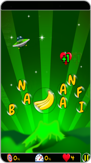 A screenshot from the Learn & Spell English Words app that shows a spelling game with fruit