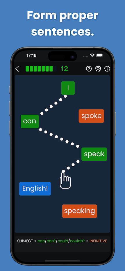 ภาพหน้าจอที่แสดงเกมสำหรับเรียนรู้วิธีสร้างประโยคที่ถูกต้องด้วยแอป English Grammar Star