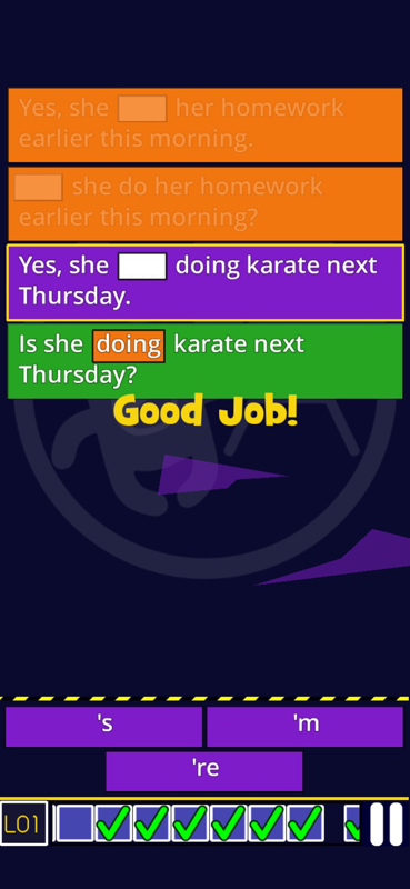 A screenshot from the English Verb Smash app that shows an example of answering a question